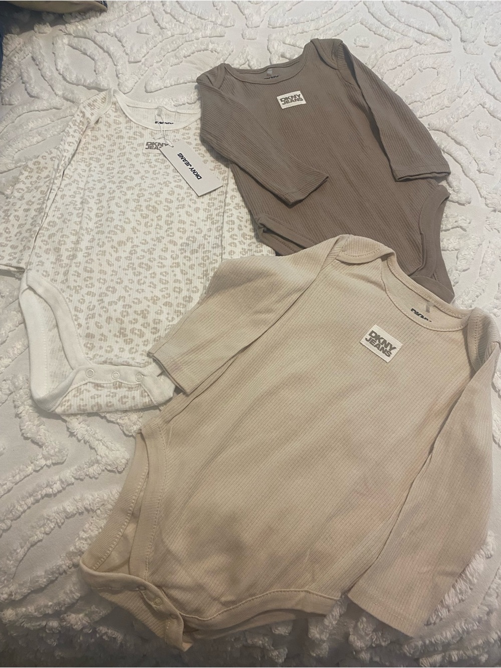 DKNY 3-Pack Neutral Long-Sleeve Baby Bodysuits - Beige, Taupe, White 100% cotton